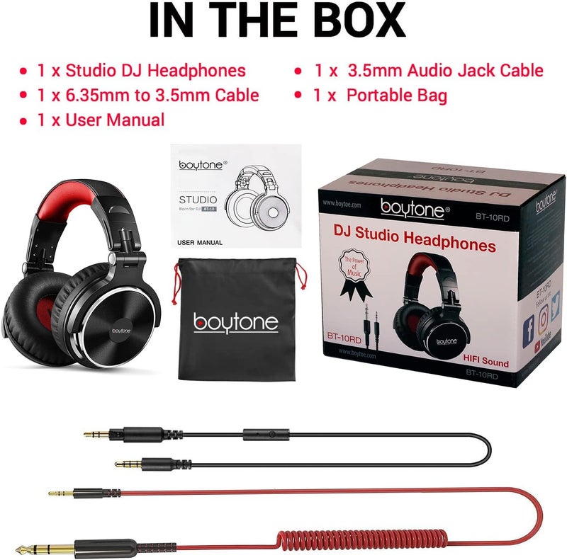 Boytone BT-10RD Wired Over Ear Headphones Studio Monitor & Mixing DJ Stereo Headsets with 50mm Drivers and 1/4 to 3.5mm Audio Jack, Foldable for Computer Audio Mixer, DJ Headphone - Image 5